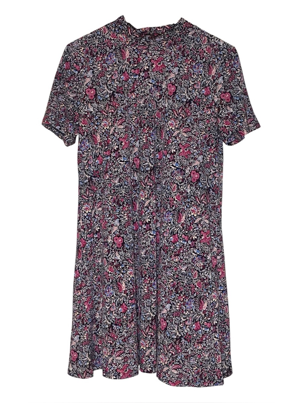 BCBGeneration Ditsy Floral Mock Neck Dress Short Sleeve Pink Blue‎ Large